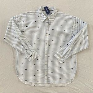 Nautica Womens Striped Floral Long Sleeve Button Down Shirt White Blue M